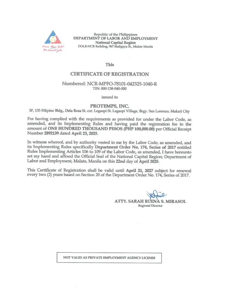 2025 DOLE 174 CERTIFICATE